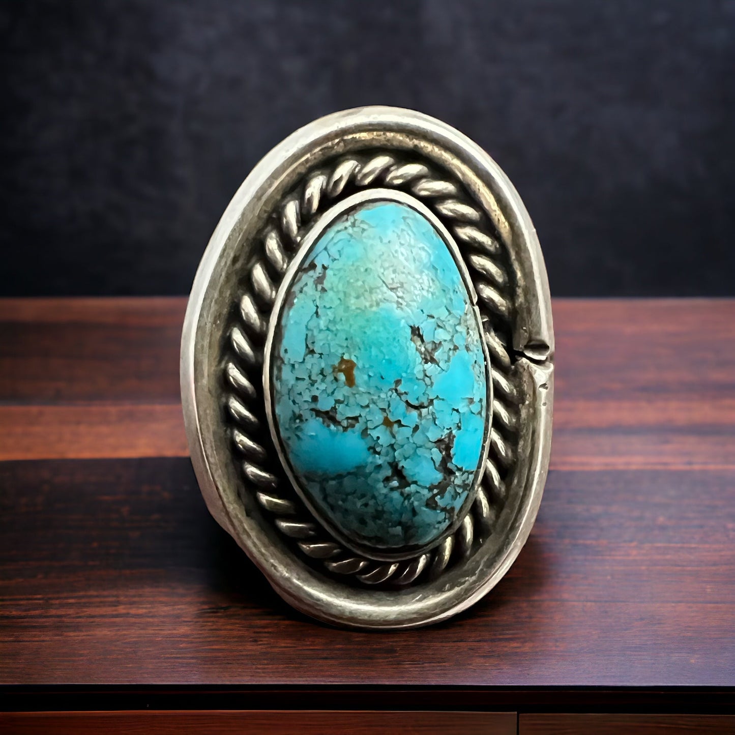 Vintage Sterling Silver Turquoise Ring with Shadowbox & Rope Back — Size 8