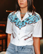 LUCKY & BLESSED "Silver Screen" Western Yoke Button-Down Short Sleeve Top — Ivory with Turquoise & Red Vintage Yoke (small available)