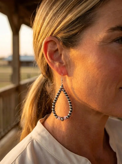 Smaller Sterling Pearl Saucer Teardrop Earrings with Pink Conch — 2.5 inch drop