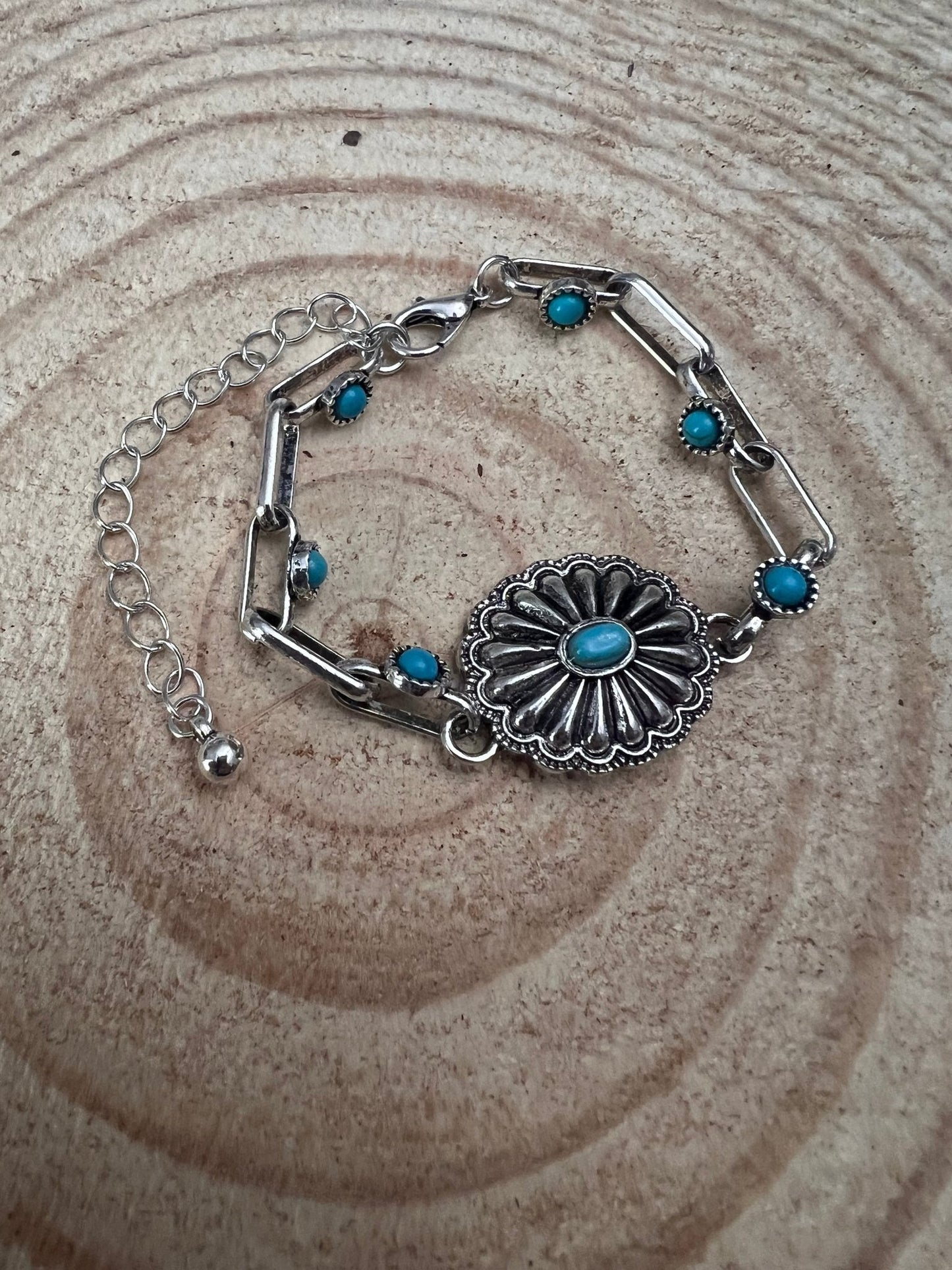 Western Faux Turquoise Concho Chain Bracelet — with 3-Inch Extender