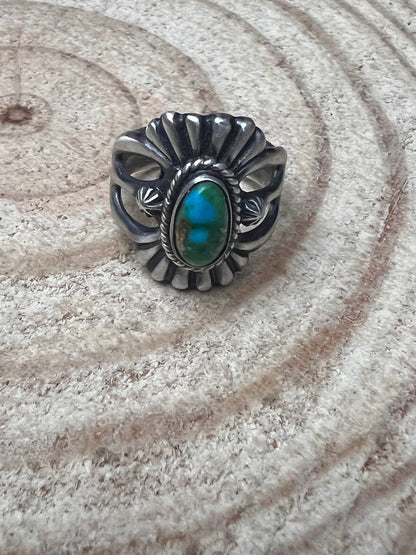 Victor Coriz Navajo Sandcast Sterling Silver Ring with Sonoran Gold Turquoise — Size 9.5 (Thunderbird)