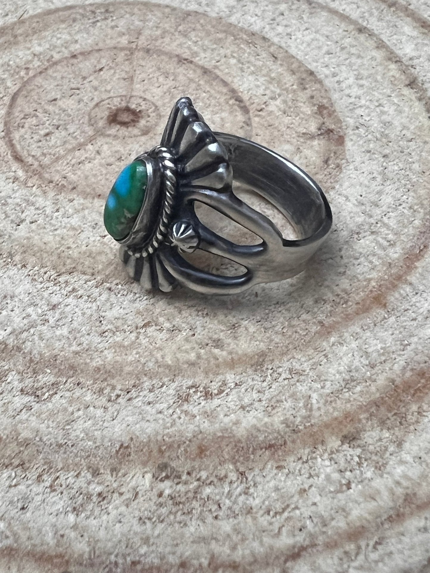 Victor Coriz Navajo Sandcast Sterling Silver Ring with Sonoran Gold Turquoise — Size 9.5 (Thunderbird)