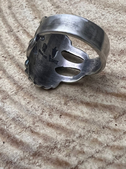 Victor Coriz Navajo Sandcast Sterling Silver Ring with Sonoran Gold Turquoise — Size 9.5 (Thunderbird)
