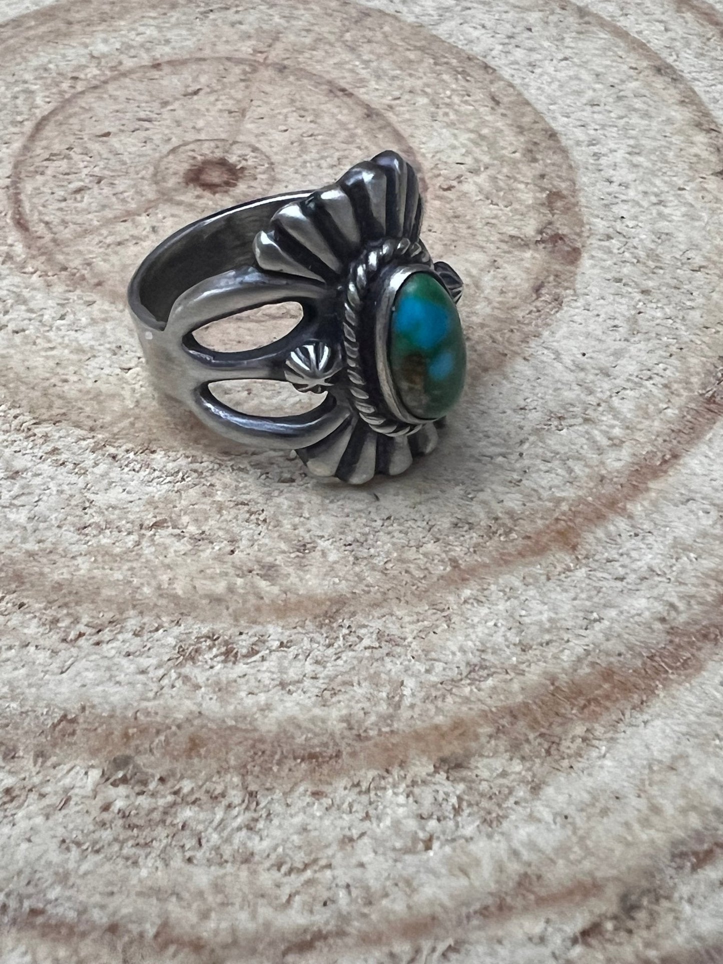 Victor Coriz Navajo Sandcast Sterling Silver Ring with Sonoran Gold Turquoise — Size 9.5 (Thunderbird)