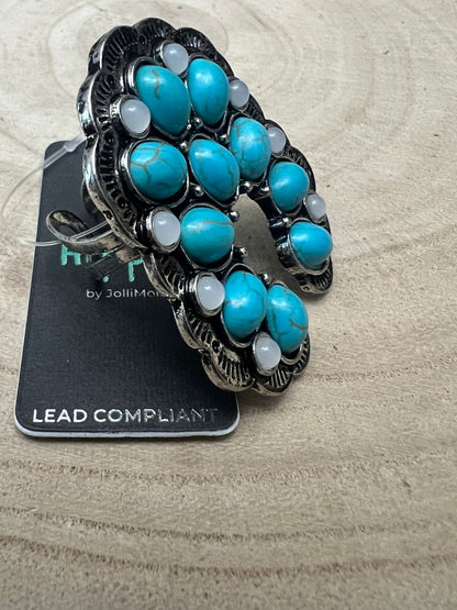 Western Squash Blossom Adjustable Ring — Faux Turquoise & Faux Opal Hand Statement