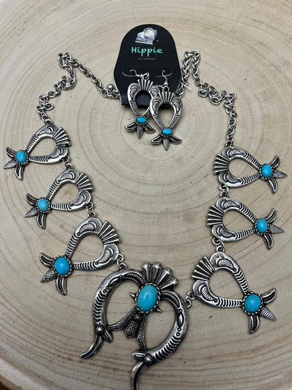 Western Squash Blossom Necklace & Earring Set with Faux Turquoise — 24 Inch Southwestern Set