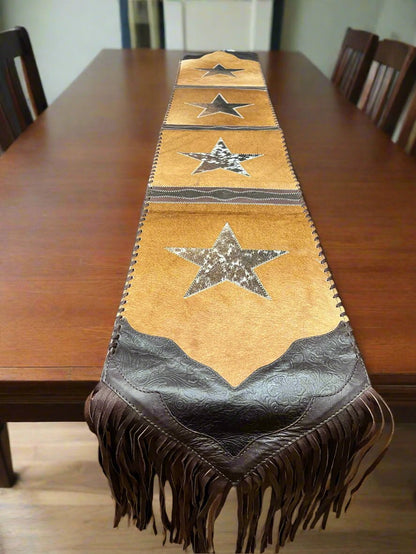Star Cowhide Table Runner with Fringe — 1' × 6' (Photo-Exact Hide, Tan with Brown Star)