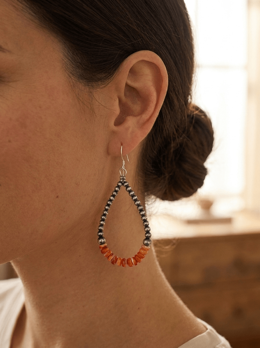Sterling Pearl & Orange Spiny Oyster Teardrop Earrings — 2.5 inch drop (Made in USA)