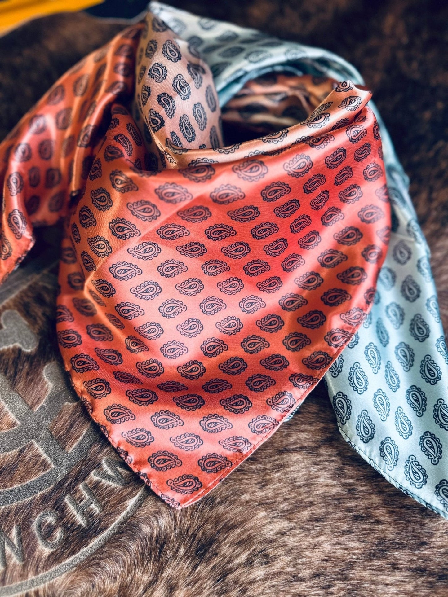 "Sunrise Paisley" Wild Rag — 36" Soft Coral, Orange & Aqua Blue Western Scarf