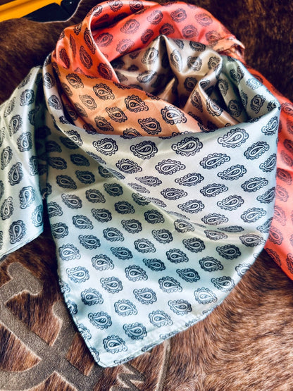 "Sunrise Paisley" Wild Rag — 36" Soft Coral, Orange & Aqua Blue Western Scarf