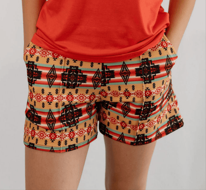 LUCKY & BLESSED Tan Aztec Printed Crease Detail Western Shorts — High-Waisted with Sharp Crease & Functional Pockets (4.5" Inseam)