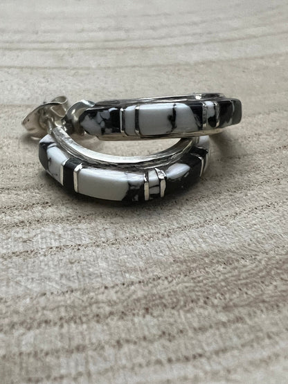 Terrance Panteah Zuni Sterling Silver & White Buffalo Earrings — 3/4" × 1/8"