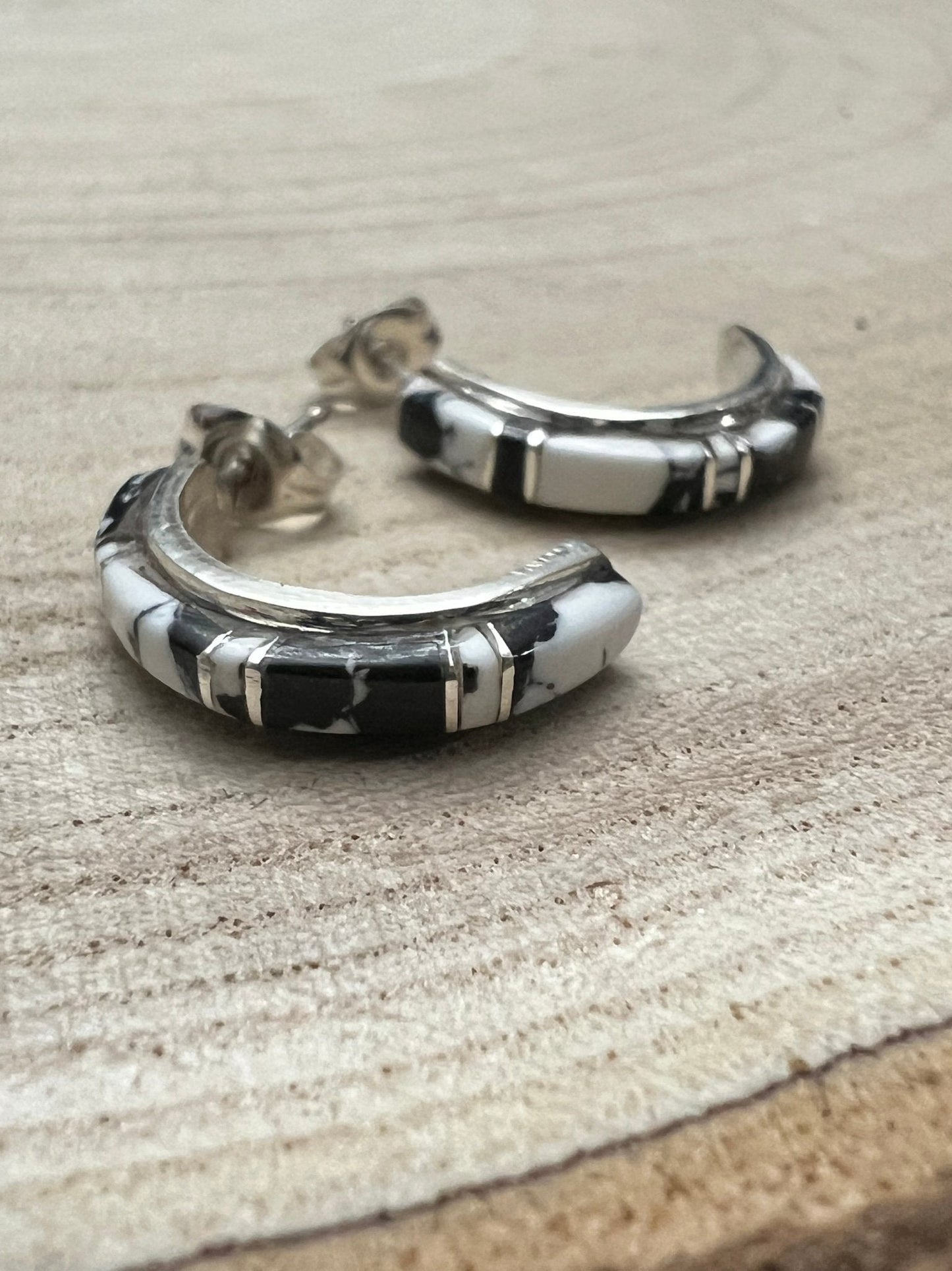 Terrance Panteah Zuni Sterling Silver & White Buffalo Earrings — 3/4" × 1/8"