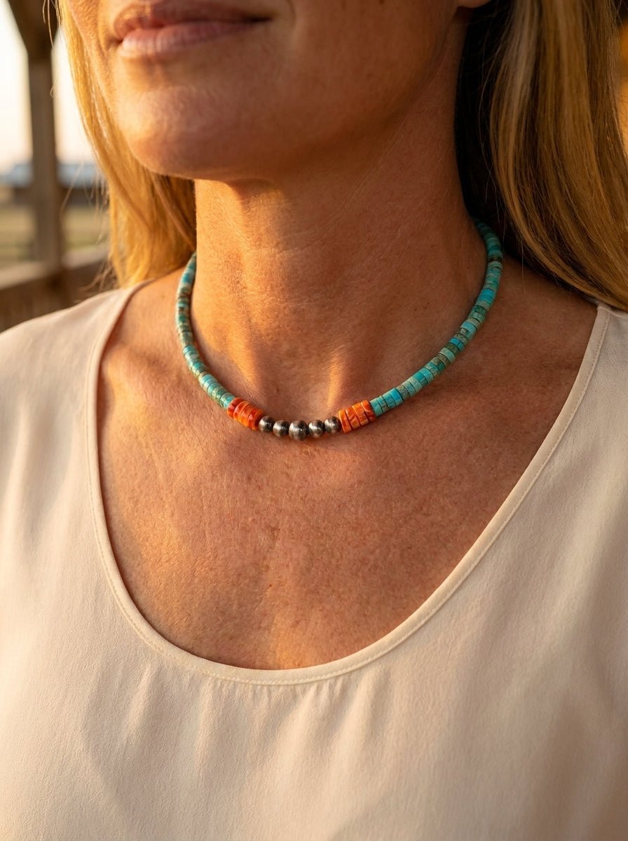 "The Vibrant" Choker — Spiny Oyster, Variscite Turquoise & Sterling Pearl — 14 inch (with 3 inch extender)