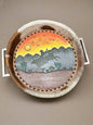 Tooled Leather & Hand-Painted Tray — Sunset Bull Rider (11" diameter, Silver Handles)