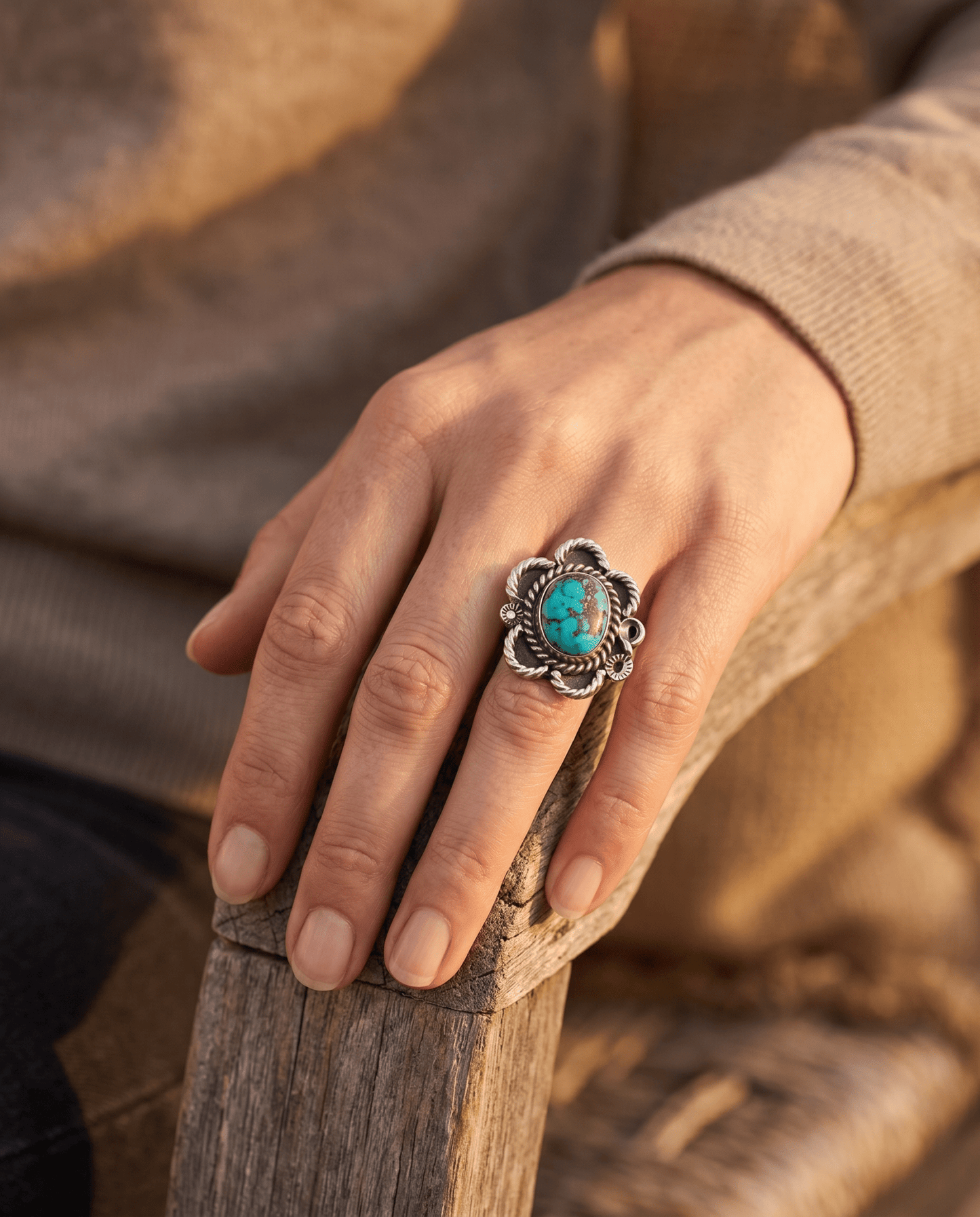Turquoise Cabochon Sterling Silver Flower-Base Ring — Size 5