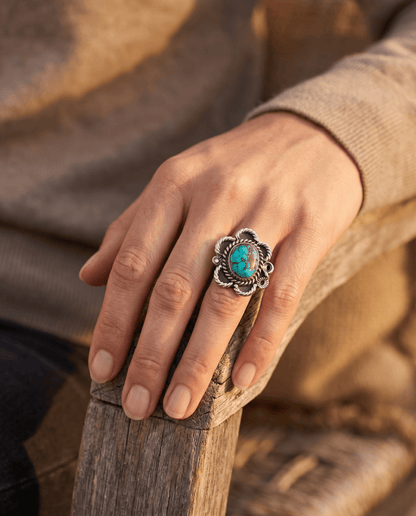Turquoise Cabochon Sterling Silver Flower-Base Ring — Size 5