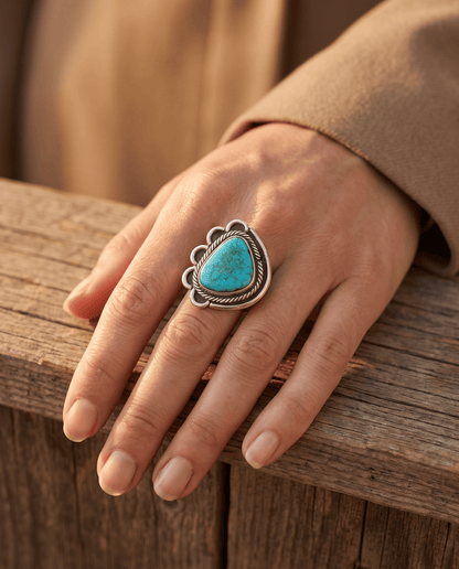 Turquoise Cabochon Sterling Silver Flower-Base Ring — Size 7