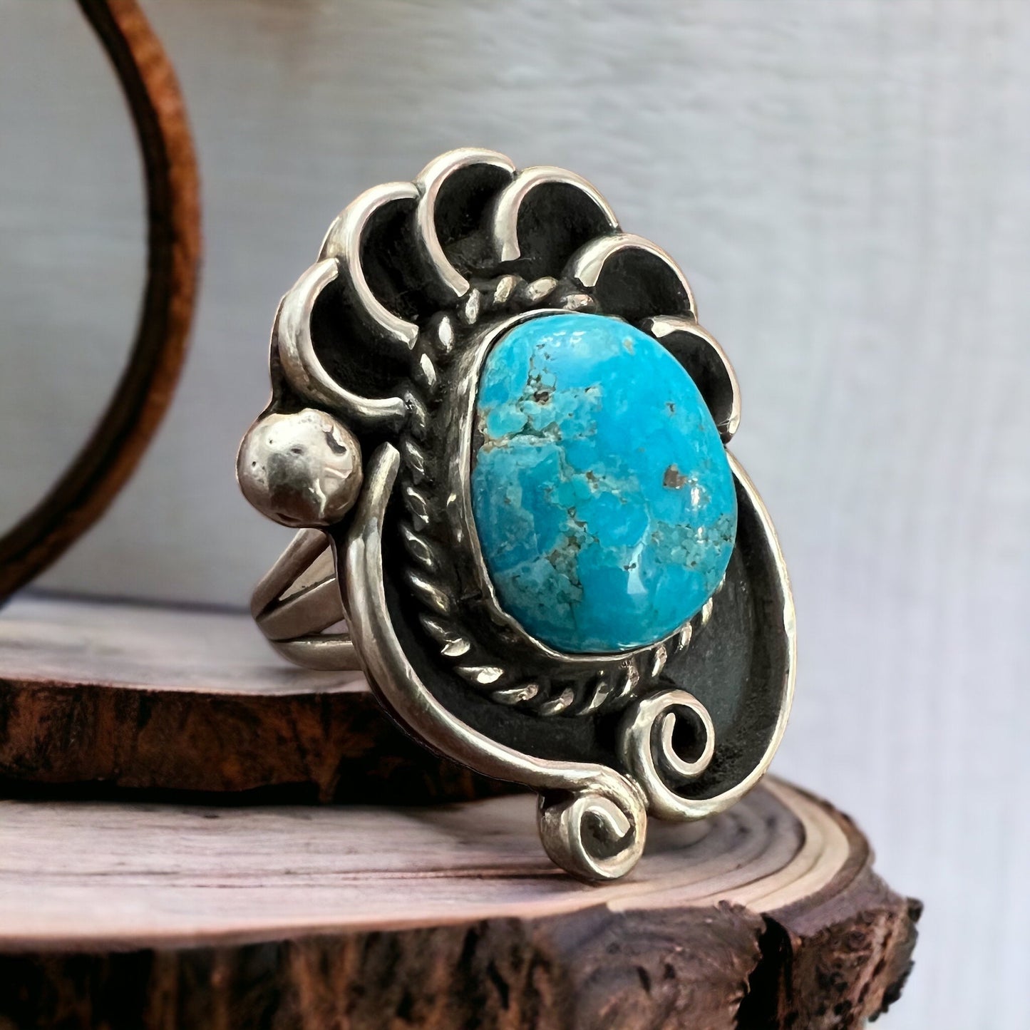 Turquoise ring - beautiful large cabochon on shadow box style base - Size 6
