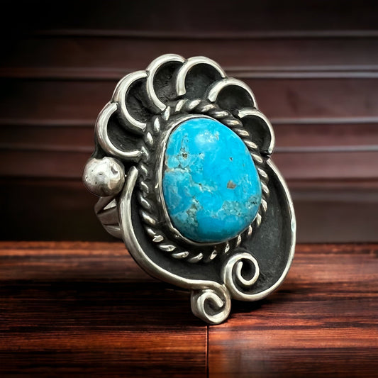 Turquoise ring - beautiful large cabochon on shadow box style base - Size 6
