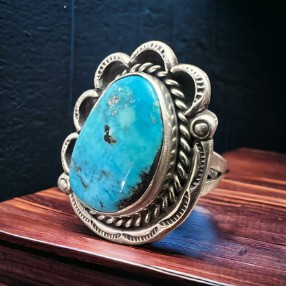 Vintage Sterling Silver Turquoise Ring — Blue Cabochon & Hand-Stamping, Size 7 (Native-Style)