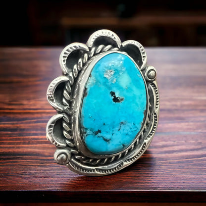 Vintage Sterling Silver Turquoise Ring — Blue Cabochon & Hand-Stamping, Size 7 (Native-Style)
