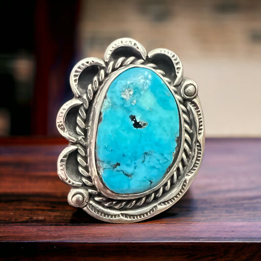 Turquoise Ring - Gorgeous Blue & Hand stamping on Sterling - Size 7