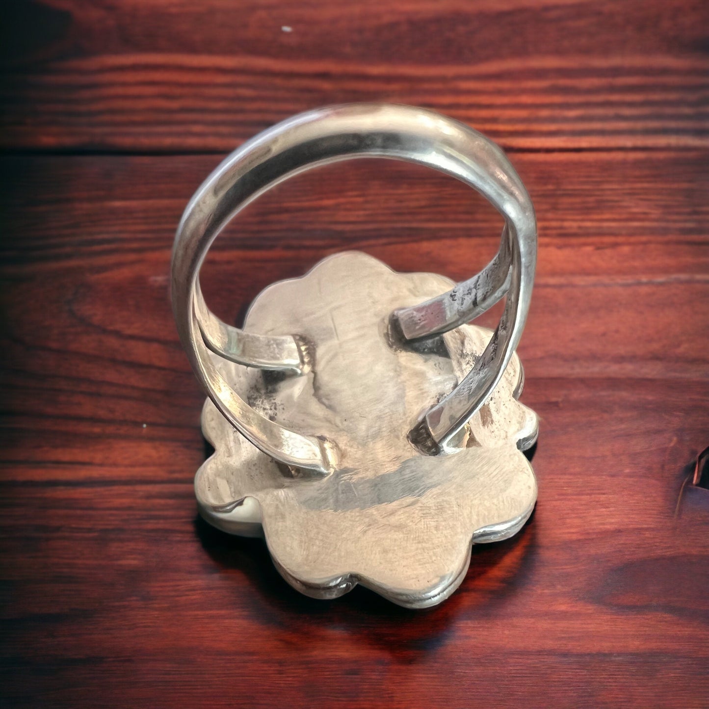 Turquoise ring - gorgeous large cabochon on sterling flower shaped base - size 7