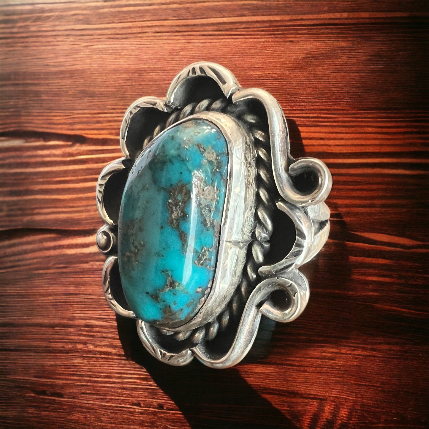 Turquoise ring - gorgeous large cabochon on sterling flower shaped base - size 7