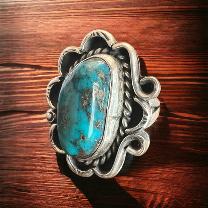 Large Turquoise Cabochon Sterling Silver Flower-Base Ring — Size 7