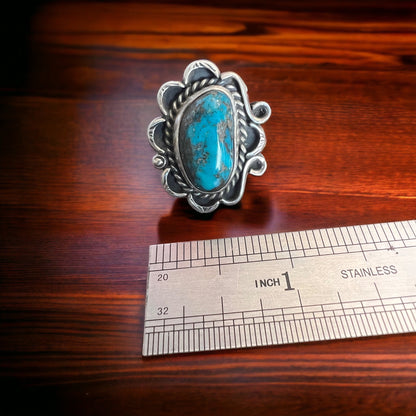 Large Turquoise Cabochon Sterling Silver Flower-Base Ring — Size 7