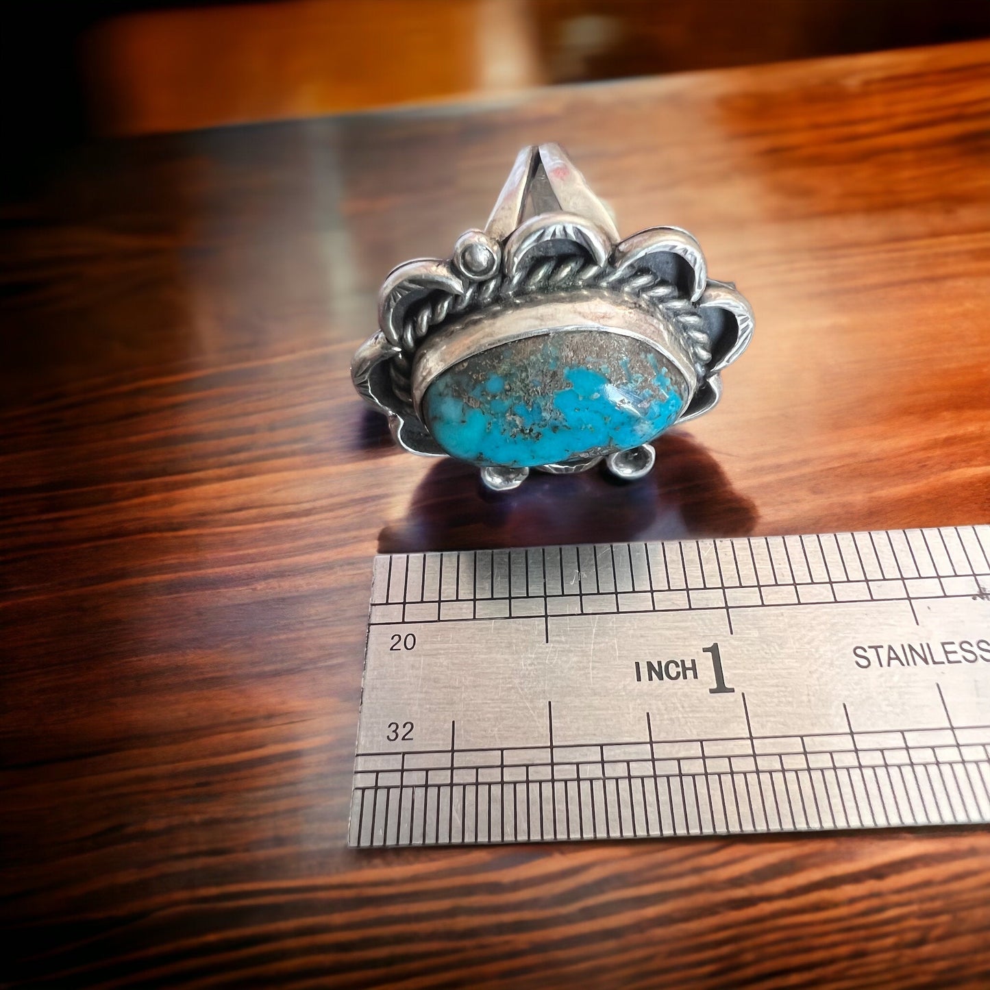 Turquoise ring - gorgeous large cabochon on sterling flower shaped base - size 7