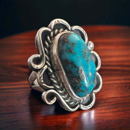 Large Turquoise Cabochon Sterling Silver Flower-Base Ring — Size 7