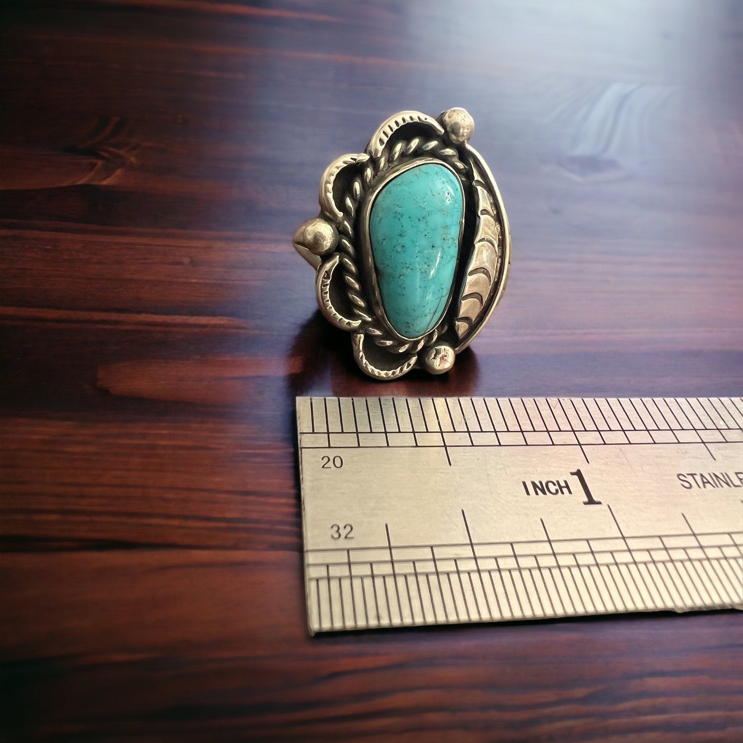 Hand-Stamped Sterling Silver Turquoise Cabochon Ring with Leaf Detail — Size 7