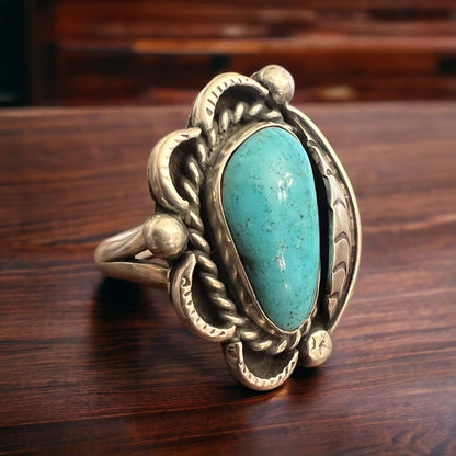 Hand-Stamped Sterling Silver Turquoise Cabochon Ring with Leaf Detail — Size 7