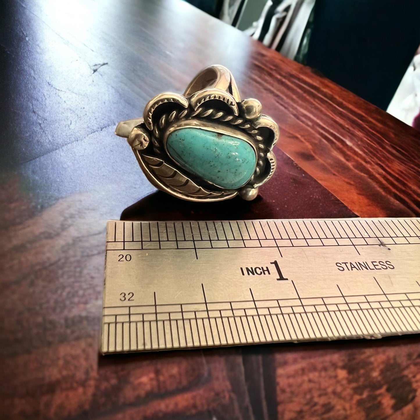 Hand-Stamped Sterling Silver Turquoise Cabochon Ring with Leaf Detail — Size 7