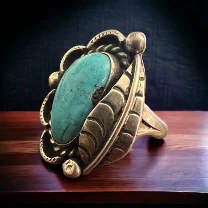 Hand-Stamped Sterling Silver Turquoise Cabochon Ring with Leaf Detail — Size 7