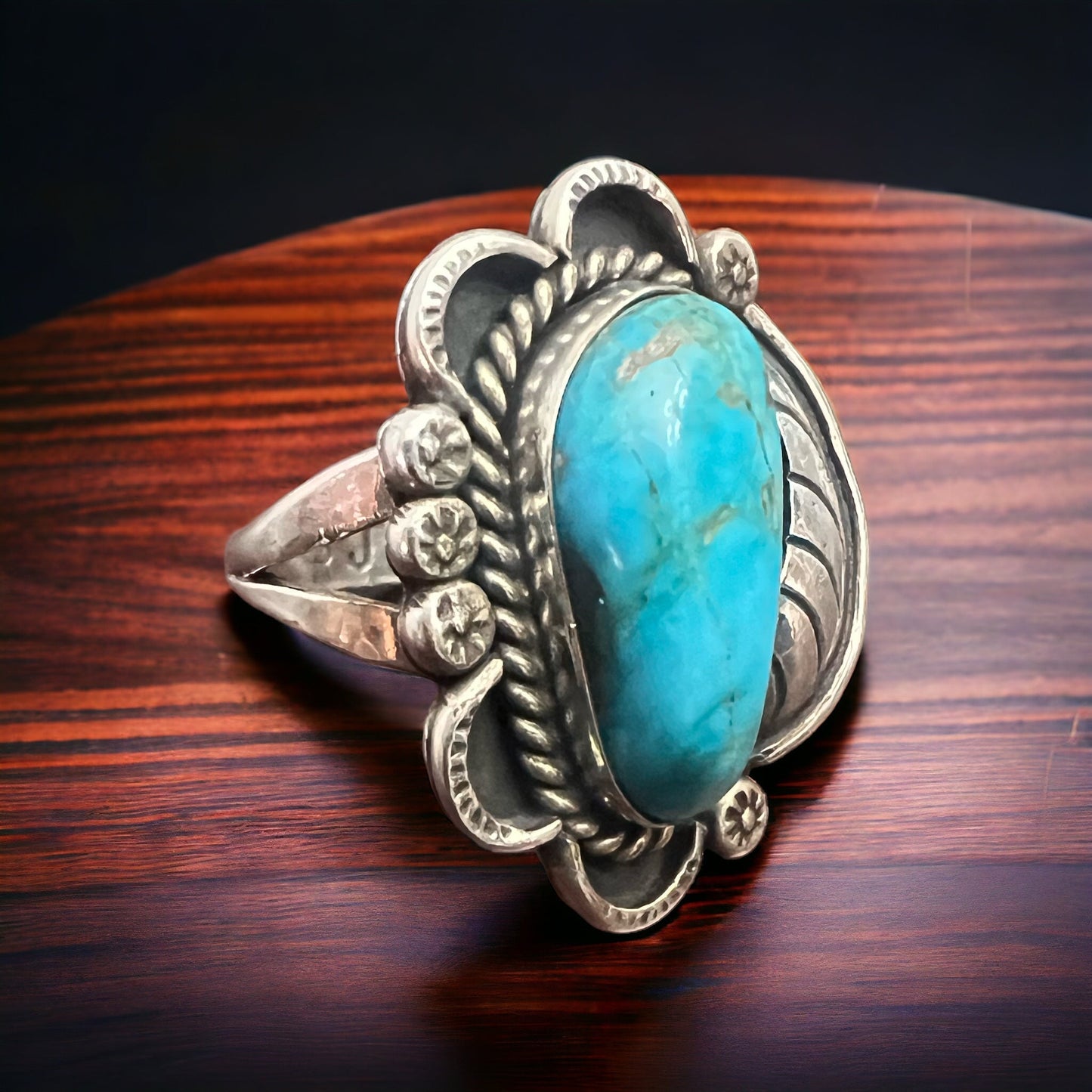 Vintage Sterling Silver Turquoise Ring with Sterling Leaf & Hand-Stamping — Size 7.5 (Native-Style)
