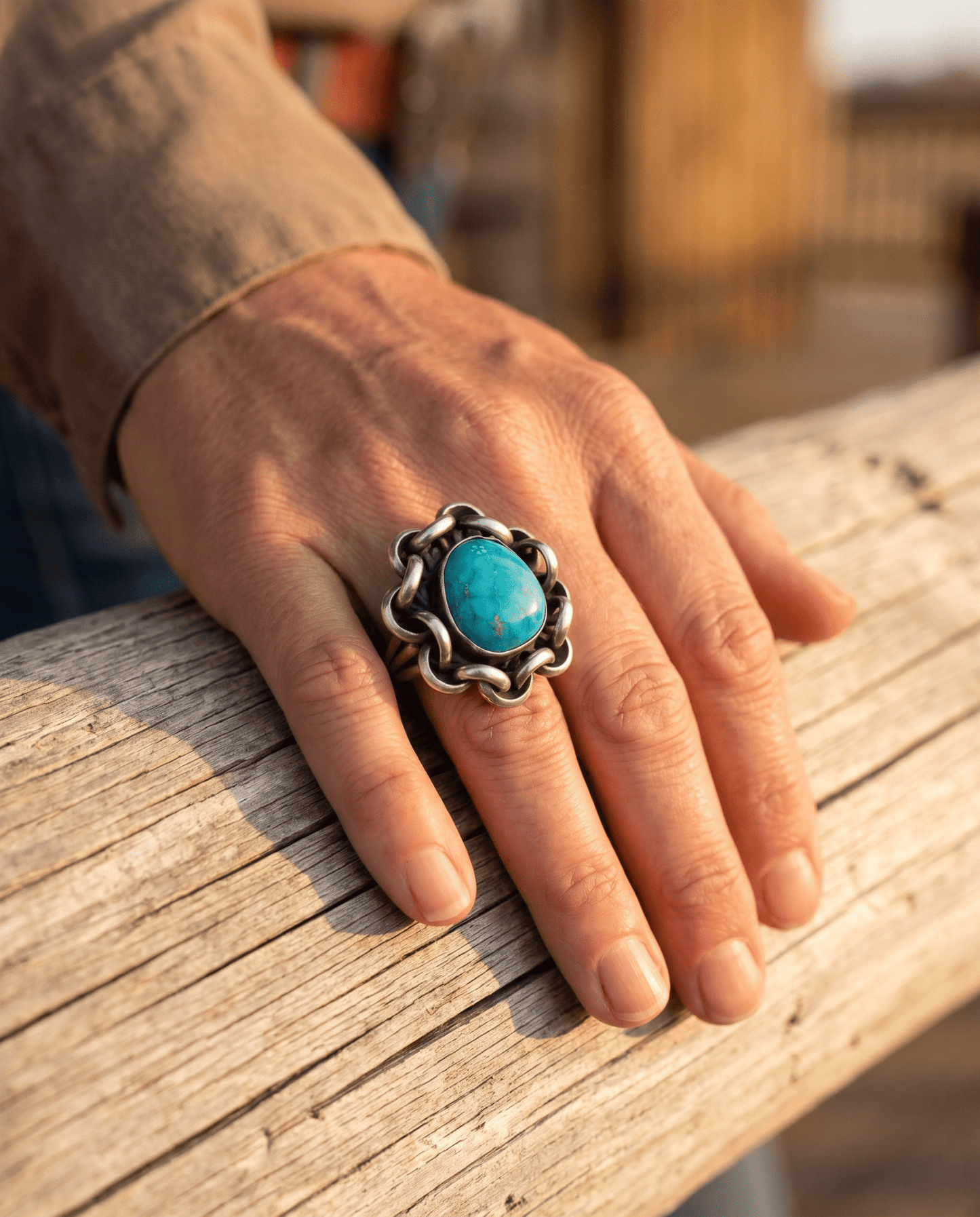 Turquoise & Sterling Silver Links Ring — Size 11