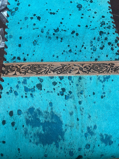 Turquoise & Tooled Cowhide Table Runner — 1' × 6' (Photo-Exact Hide, 11" Fringe)