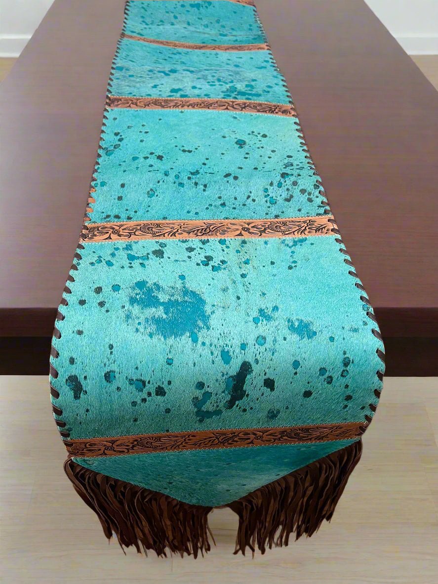 Turquoise & Tooled Cowhide Table Runner — 1' × 6' (Photo-Exact Hide, 11" Fringe)