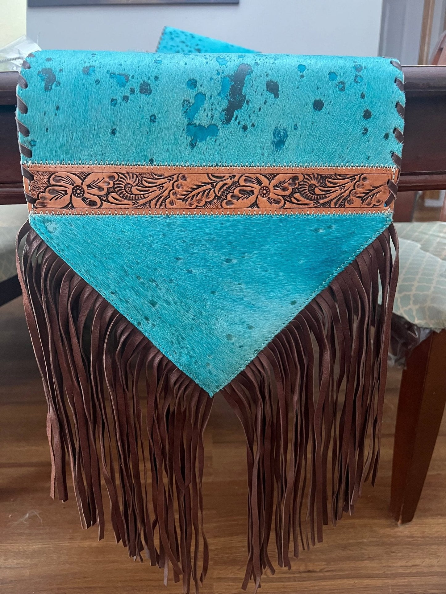 Turquoise & Tooled Cowhide Table Runner — 1' × 6' (Photo-Exact Hide, 11" Fringe)