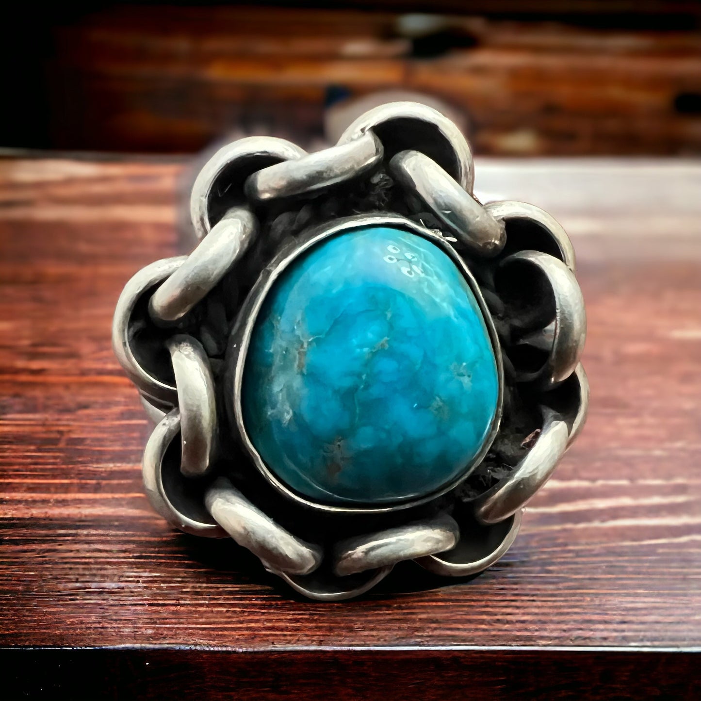 Turquoise & Sterling Silver Links Ring — Size 11