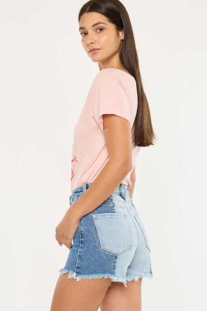 Kan Can Two-Tone Color Block Ultra High-Rise Western Denim Shorts — 11" Rise with Raw Frayed Hem