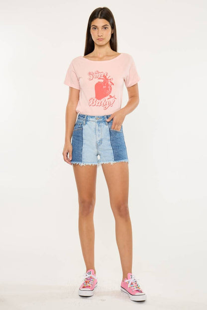 Kan Can Two-Tone Color Block Ultra High-Rise Western Denim Shorts — 11" Rise with Raw Frayed Hem