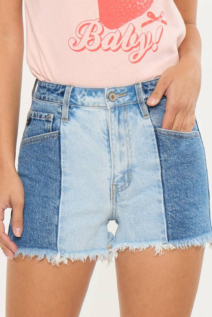 Kan Can Two-Tone Color Block Ultra High-Rise Western Denim Shorts — 11" Rise with Raw Frayed Hem