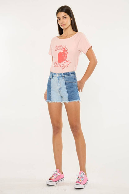 Kan Can Two-Tone Color Block Ultra High-Rise Western Denim Shorts — 11" Rise with Raw Frayed Hem