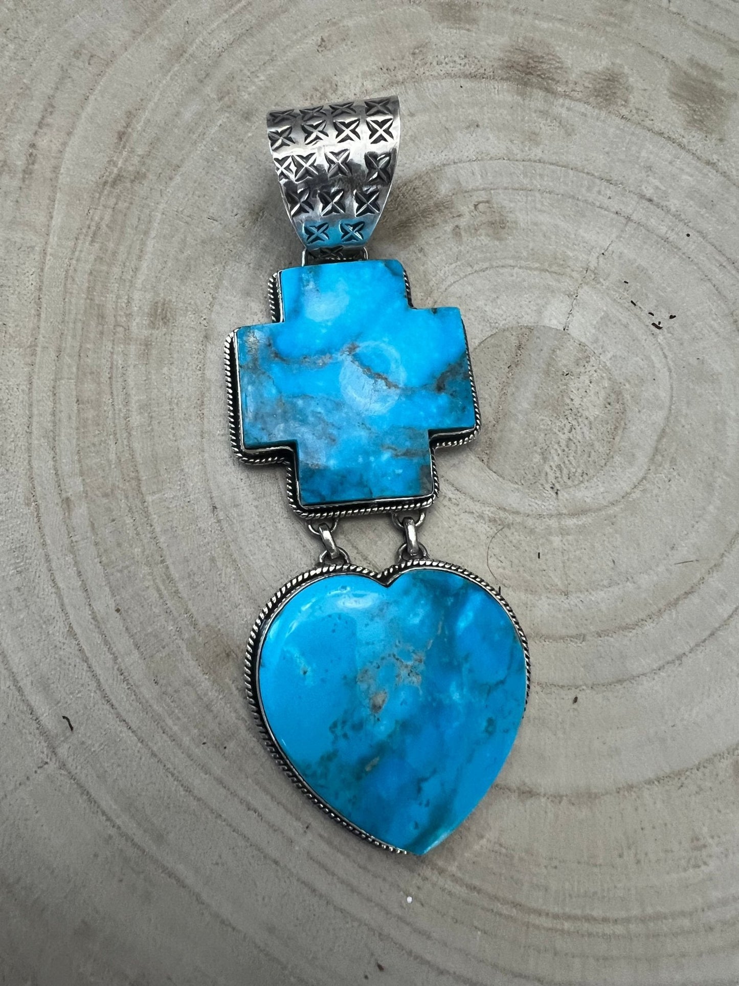 Dan Dodson Legacy Stamped Bleeding Heart Kingman Turquoise Statement Pendant — 4" Long