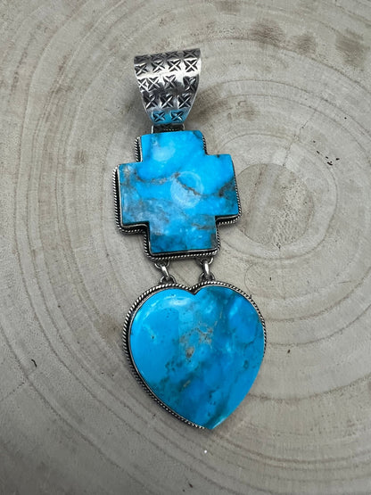 Dan Dodson Legacy Stamped Bleeding Heart Kingman Turquoise Statement Pendant — 4" Long
