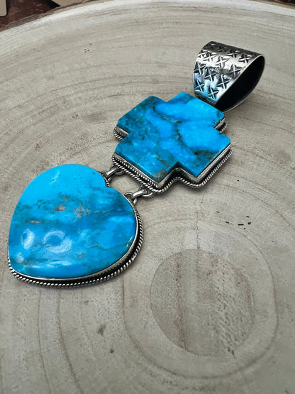 Dan Dodson Legacy Stamped Bleeding Heart Kingman Turquoise Statement Pendant — 4" Long